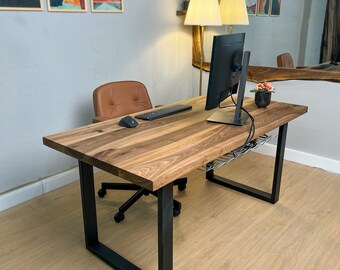 Custom Solid Walnut Office Desk with Optional Rack and Cable Port, Free Metal Legs