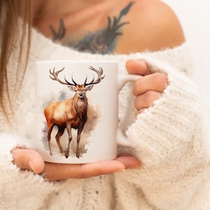 Deer Mug | Watercolor Animal Mug Ceramic Coffee Mug with Animal Motif Tea Cup Gift for Friends and Family Mug
