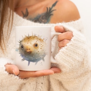 Puffer Fish Mug | Watercolor Animal Mug Ceramic Coffee Mug with Animal Motif Tea Cup Gift for Friends and Family Mug
