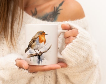 Robin Mug | Watercolor Animal Mug Ceramic Coffee Mug with Bird Motif Tea Mug Gift for Friends and Family