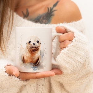 Seal Mug | Watercolor Animal Mug Ceramic Coffee Mug with Animal Motif Tea Cup Gift for Friends and Family Mug