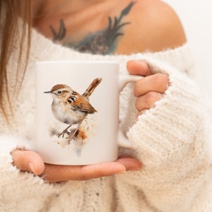 Wren Mug | Watercolor Animal Mug Ceramic Coffee Mug with Bird Motif Tea Cup Gift for Friends and Family Mug