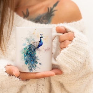 Peacock Mug | Watercolor Animal Mug Ceramic Coffee Mug with Animal Motif Tea Cup Gift for Friends and Family Mug
