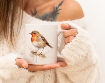Robin Mug | Watercolor Animal Mug Ceramic Coffee Mug with Bird Motif Tea Mug Gift for Friends and Family
