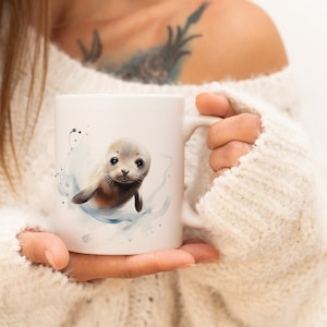 Seal Mug | Watercolor Animal Mug Ceramic Coffee Mug with Animal Motif Tea Cup Gift for Friends and Family Mug