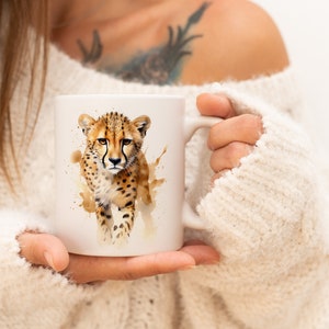 Cheetah Mug | Watercolor Animal Mug Ceramic Coffee Mug with Animal Motif Tea Cup Gift for Friends and Family Mug