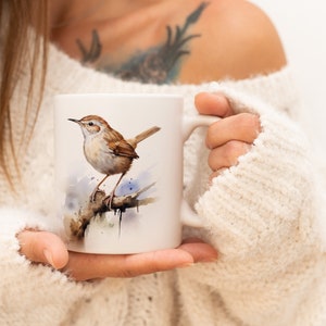 Wren Mug | Watercolor Animal Mug Ceramic Coffee Mug with Bird Motif Tea Cup Gift for Friends and Family Mug