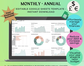Annual and Monthly Budget Spreadsheet | Budget Planner | Debt and Savings Tracker | Digital Budget Planner | Monthly Weekly | Bill Calendar
