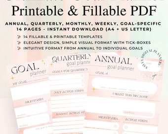 Goal Planner Printable & Fillable PDF - Yearly, Quarterly, Monthly, Daily, SMART Goals | Goal template | Goal Setting | Goal Worksheet