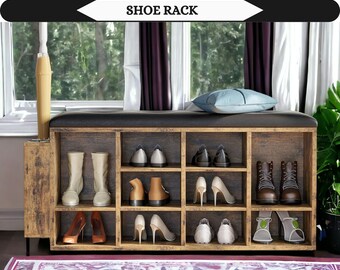 Shoe Rack Storage Bench, Reclaimed Wood Entryway Organizer With 10 Cabinets, Rustic Shoe Shelf for Home Organization With Adjustable Shelves