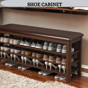 Rustic Reclaimed Wood Shoe Rack Storage Bench With Cushion, 3 Tier Shoe Bench Height Adjustable, Entryway Organizer for Home Organization