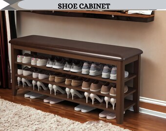 Rustic Reclaimed Wood Shoe Rack Storage Bench With Cushion, 3 Tier Shoe Bench Height Adjustable, Entryway Organizer for Home Organization