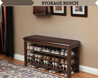 Rustic Reclaimed Wood Shoe Rack Storage Bench With Cushion, 3 Tier Shoe Bench Height Adjustable, Entryway Organizer for Home Organization