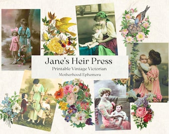 Vintage Mother & Child Postcards: Floral Ephemera for Scrapbooking (PDF, JPG, PNG)