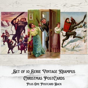 Könnte beinhalten: Set mit 10 Vintage Krampus Weihnachtskarten. Die Postkarten zeigen Illustrationen von Krampus, einer gehörnten Figur, die mit Menschen in Winterszenen interagiert. Der Text "Gruß vom Krampus!" ist auf einer Postkarte zu sehen.
