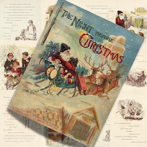 May include: An antique illustration of "The Night Before Christmas" with Santa Claus in a sleigh drawn by reindeer. The cover art displays the title in red and a snowy scene with a house and text from Raphael Tuck & Sons Co.