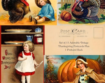 May include: A collection of 15 vintage Thanksgiving postcards. The postcards feature illustrations of turkeys, children, pumpkins, and text such as "Hearty Thanksgiving Greetings" and "Good Wishes for Thanksgiving Day."