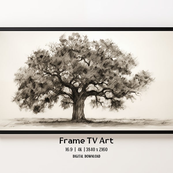 Frame TV Art - Vintage Oak Tree Charcoal Drawing in White & Gray, Instant Digital Download, Illustration Style Frame Tv