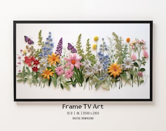 Frühlingsrahmen-TV-3D-Kunst, Wildblumen-Blumenstickerei, strukturierte Kunst-TV, bunte Frühlingsblumen, Osterdekoration, digitaler Download