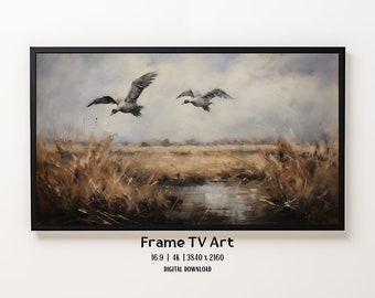 Dark Muted Ducks Samsung Frame TV Art, Winter Pond Vintage Landscape Oil Painting, Fall Cottagecore Art, Digital Download