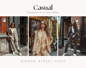 Aide à la photographie street style femme, tenue décontractée, mode, invite IA à mi-parcours, créateur de contenu pour les réseaux sociaux, blogueuse mode moderne