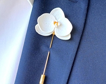 White Orchid Boutonniere, Polymer Clay Lapel Pin for Grooms and Groomsmen