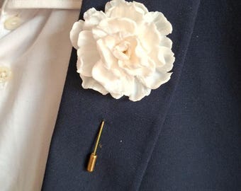 White Peony Boutonniere, Wedding Lapel Pin, Groom Boutonniere, Handmade Floral Lapel Pin, Men's Wedding Flower Pin