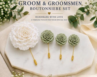 Peony Boutonniere Set for Groom & Groomsmen, White Wedding Lapel Pins, Lasting Flower Gift