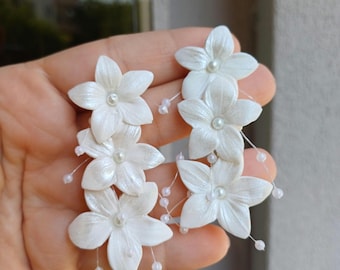 White Clay Flower Bridal Earrings: Freshwater Pearl Wedding Jewelry
