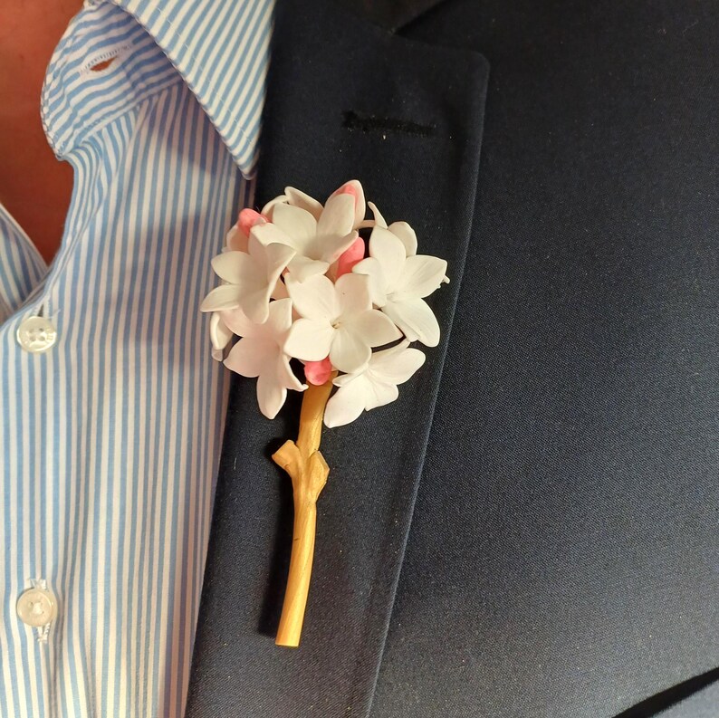 Biznaga Traditional Collar Pin, Jasmine Flower Lapel Pin, Flower Boutonniere, Polymer Clay, Match Your Favorite Shirt, Blazer, Or Suits image 8