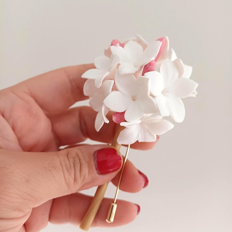 Biznaga Traditional Collar Pin, Jasmine Flower Lapel Pin, Flower Boutonniere, Polymer Clay, Match Your Favorite Shirt, Blazer, Or Suits image 2