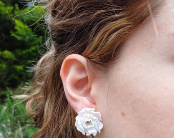 Peony Earrings: Handmade Cherry Red Earring, Polymer Clay Flower Studs