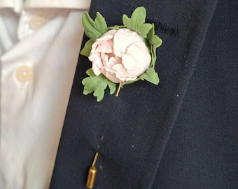 Peony Boutonniere, Handmade Peony Lapel Pin, Wedding Flower for Groom, Powder Pink Boutonniere, Groomsmen Gift