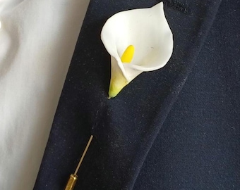 Calla Lily Boutonniere, White Calla Lily, Wedding Lapel Pin for Groom, Real Touch flowers