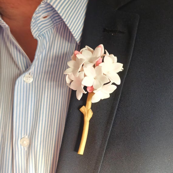 Biznaga Traditional Collar Pin, Jasmine Flower Lapel Pin, Flower Boutonniere, Polymer Clay, Match Your Favorite Shirt, Blazer, Or Suits