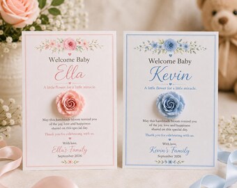Rose Brooch Baby Shower Favors, Baptism & Christening Keepsake Gifts, Floral Pin Favor with Celebration Card