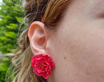 Peony Earrings: Handmade Cherry Red Earring, Polymer Clay Flower Studs