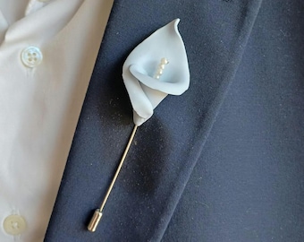 Dusty Blue Calla Lily Boutonniere, Wedding Lapel Pin for Men, Something Blue Wedding Gift