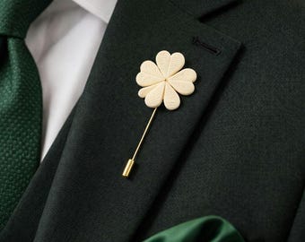 Ivory Four Leaf Clover Lapel Pin – Handmade Lucky Clover Stick Pin, St. Patrick’s Day Accessory, Wedding Boutonniere