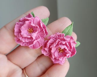 Peony Earrings, Pink Peony, Spring Earrings, Gift idea, Unique Gift For Mom, Dainty Earrings Set, Clay Jewelery, Summer Earrings