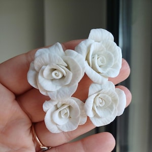 Handcrafted White Rose Earrings: Polymer Clay Flower Studs