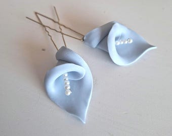 Dusty Blue Wedding Calla Lily Hair Pin, Something Blue Bridal Hair Clip, Personalized Wedding Gift