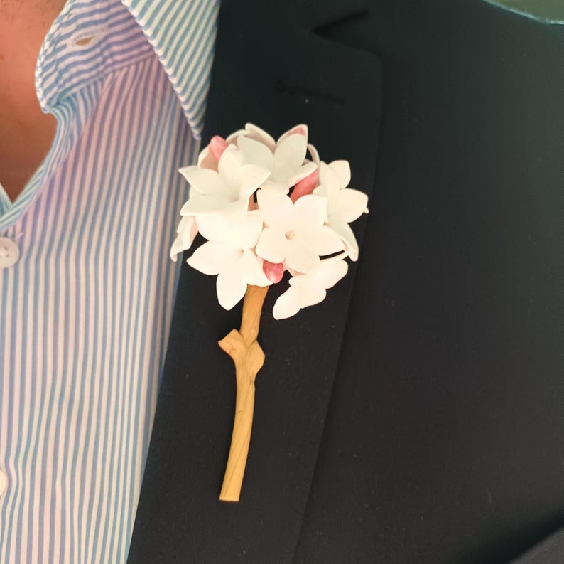 Biznaga Traditional Collar Pin, Jasmine Flower Lapel Pin, Flower Boutonniere, Polymer Clay, Match Your Favorite Shirt, Blazer, Or Suits image 3
