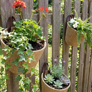 May include: Three hanging woven baskets with plants attached to a weathered wooden fence. The baskets contain various plants, including ivy, red flowers, white flowers, ferns, and succulents. The baskets have brown leather handles.