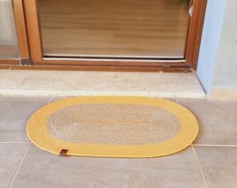 Jute Cotton Rope Doormat,  Mustard Color Doormat, Patterned Colored Doormat, Bohemian Straw Color Doormat