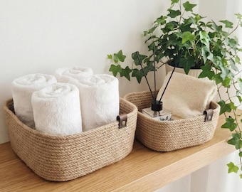 Custom Jute Basket – Handmade Farmhouse Shelf Organizer with Leather Detail