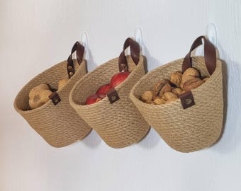 Custom Size Jute Wall Hanging Basket Rustic Storage with Leather Handles