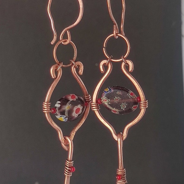 Boucles d'oreilles chandelier en cuivre et perles Millefiori améthyste