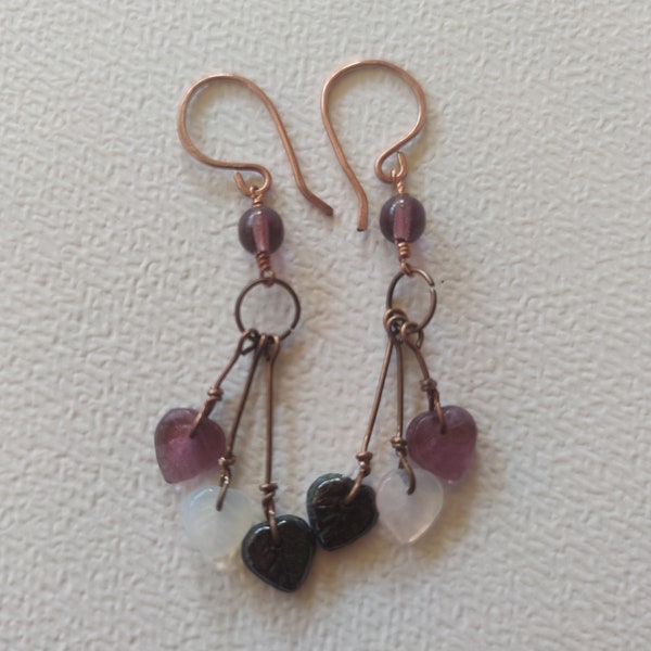 Boucles d'oreilles cuivre perles rondes violettes et feuilles de verre