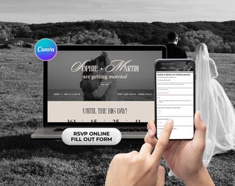 Sjabloon bruiloftswebsite Canva-website huwelijksuitnodiging met RSVP Online mobiel responsieve bewerkbare sjablonen voor stellen Digitale download